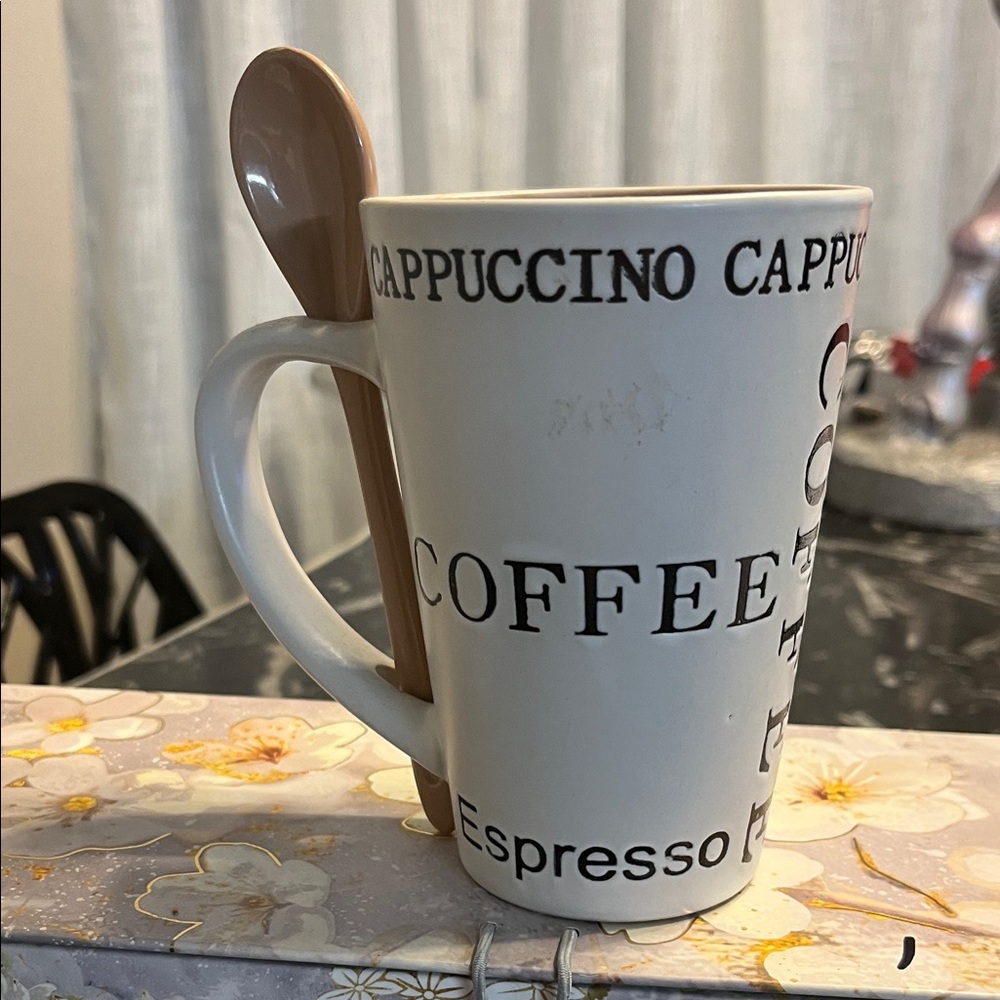 Source Unknown White Coffee Mug with Brown Spoon - Cappuccino Espresso Design